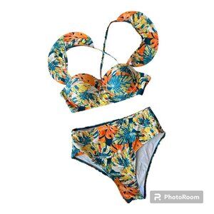 NWT Floral Bikini Two Piece Ruffle Sleeve High Waist Tummy Control Size Small